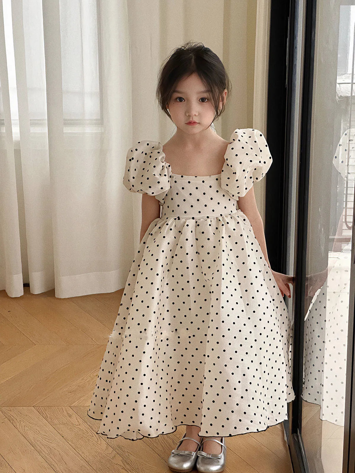 Girls Polka Dot Party Dress Summer Bubble Sleeves Princess Gown Understated Elegance Korean Japanese Style 2-7 Years
