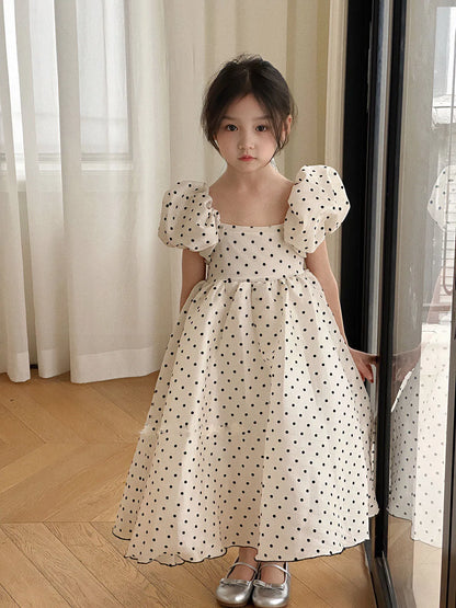 Girls Polka Dot Party Dress Summer Bubble Sleeves Princess Gown Understated Elegance Korean Japanese Style 2-7 Years