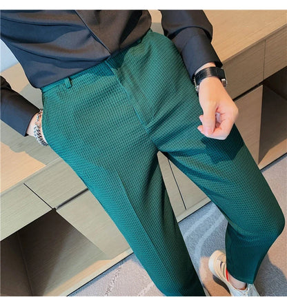 2024 Autumn New Waffle Stretch Waist Business Formal Pants Men Fashion Wedding Slim Trouser Mens Brand Social Party Suit Pants