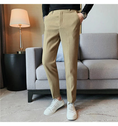 2024 Autumn New Waffle Stretch Waist Business Formal Pants Men Fashion Wedding Slim Trouser Mens Brand Social Party Suit Pants