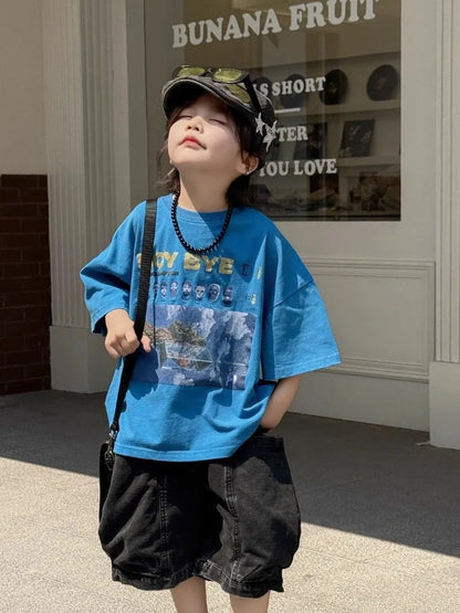 2026 New Boys' Summer Short Sleeve T-Shirt 100% Cotton Stylish Printed Half Sleeve Kids' Tops Trendy Cool Design for Boys