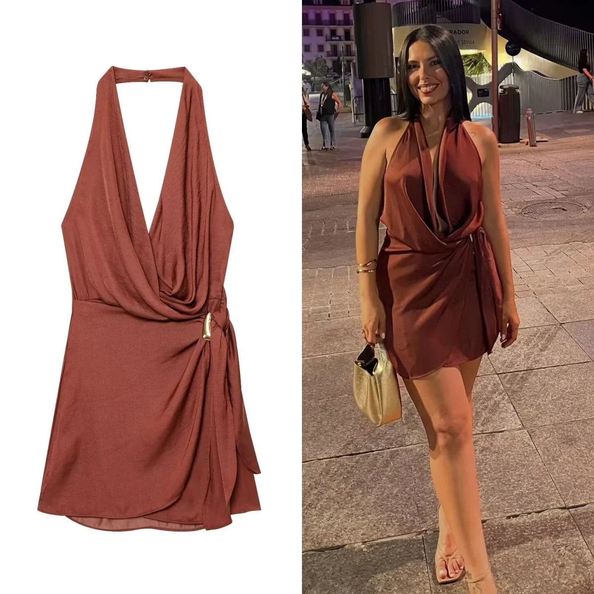 sexy Dress for Women Fashion Summer New Sleeveless Backless brown Hanging neck collar Chic Female Evening Dresses Mujer
