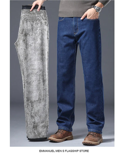 Men's Fleece Lined Thicken Jeans Winter Warm Stretch Slim Fit Denim Pants Comfortable Soft Trousers for Daily Work Wear Clothing