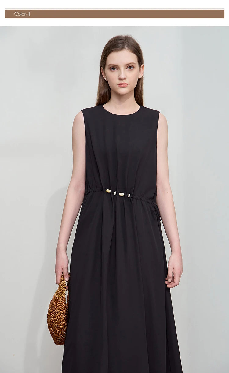 Minimalism Dresses 2025 Summer Vocation Women Loose Long Dresse Sleeveless High Waist Design Bead Drawstring Dress 12542177