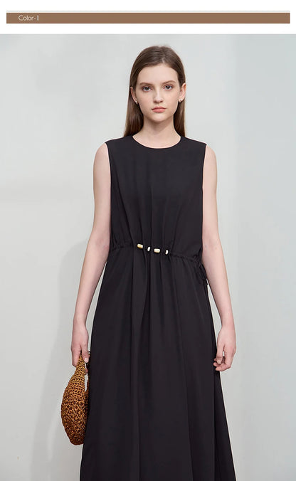 Minimalism Dresses 2025 Summer Vocation Women Loose Long Dresse Sleeveless High Waist Design Bead Drawstring Dress 12542177