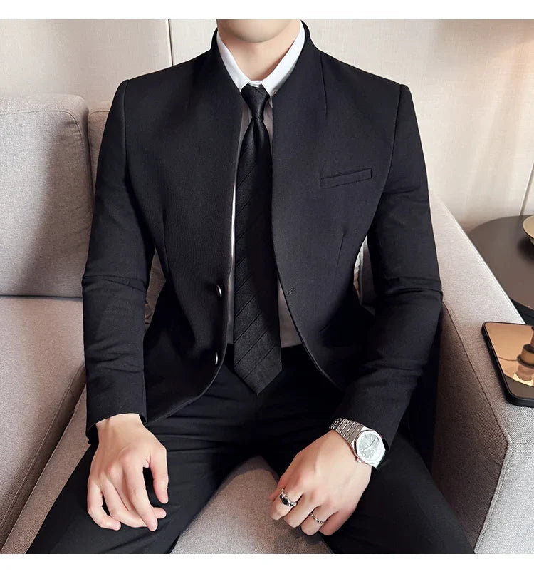 New Waffle Chinese Stand-Up Collar Blazers Men Slim Fit Business Casual Fashion Suits Jacket Formal Social Prom Party Tuxedos