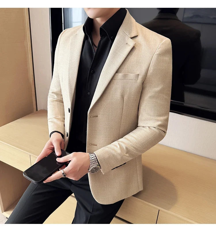 Bright Silk Thousand Bird Grid Suit Jacket Korean-style Business Fashion Slim Fit Single Breasted Men Social Party Dress Coats