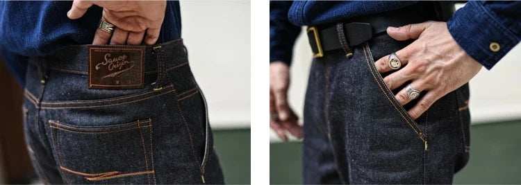 Mens Jeans Boxing Selvedge Denim Jeans Color Cotton Jeans for Men Silver Buttons Taper Fit  12.5 Oz