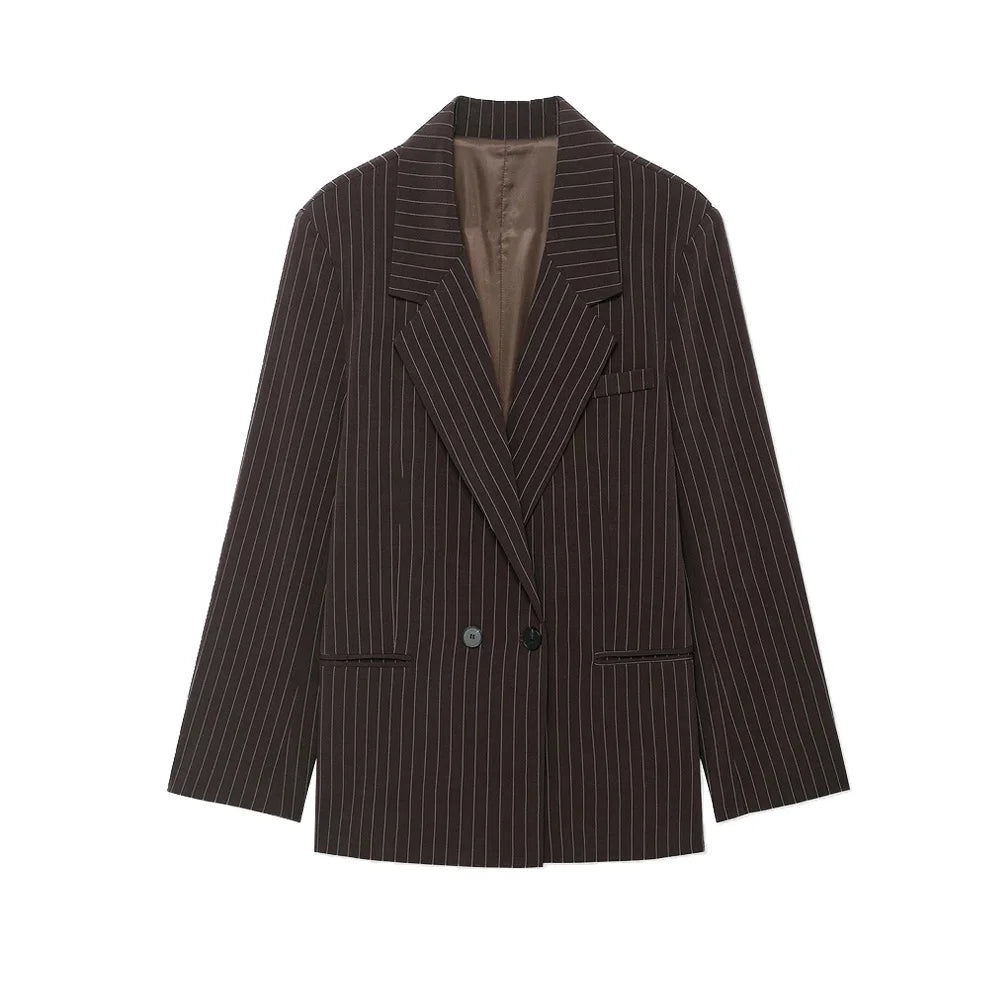 Women's Old Money Style Ovesized Striped Blazer Coat Long Sleeve Front Pockets Chic Oversize Top Female Outerwear