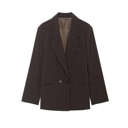 Women's Old Money Style Ovesized Striped Blazer Coat Long Sleeve Front Pockets Chic Oversize Top Female Outerwear