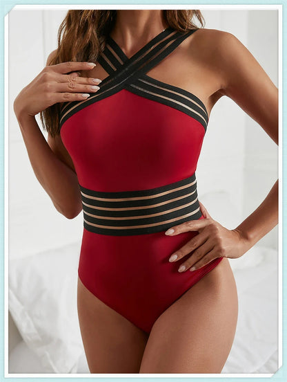 Solid Mesh Tape Swimsuit 2026 One Piece Sexy High Neck Swimwear Women Cross Front Bathing Suit Female Padded Beachwear Bodysuit