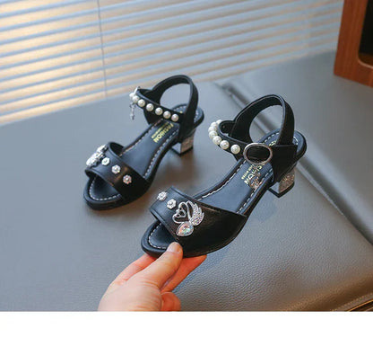 Girls Shiny Rhinestone Flowers Leather Sandals 2026 New Summer Toddler Strappy Sandals Hight Heel Soft Sole Princess Style Shoes