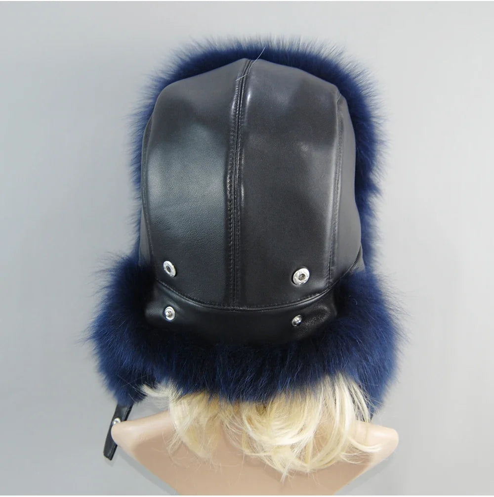 100% Real Fox Fur Hat Women's Russian Ushanka Aviator Trapper Snow Skiing Hat Caps Earflap Winter Raccoon Fur Bomber Hat