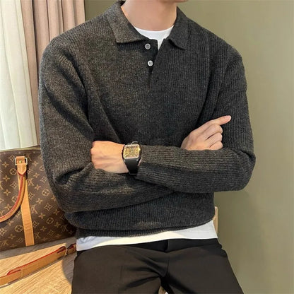 Mens Knit Sweater Autumn Winter Pullover Korean Soft Heavyweight Knit Polo Sweaters Minimalist Long Sleeve Solid Casual Top