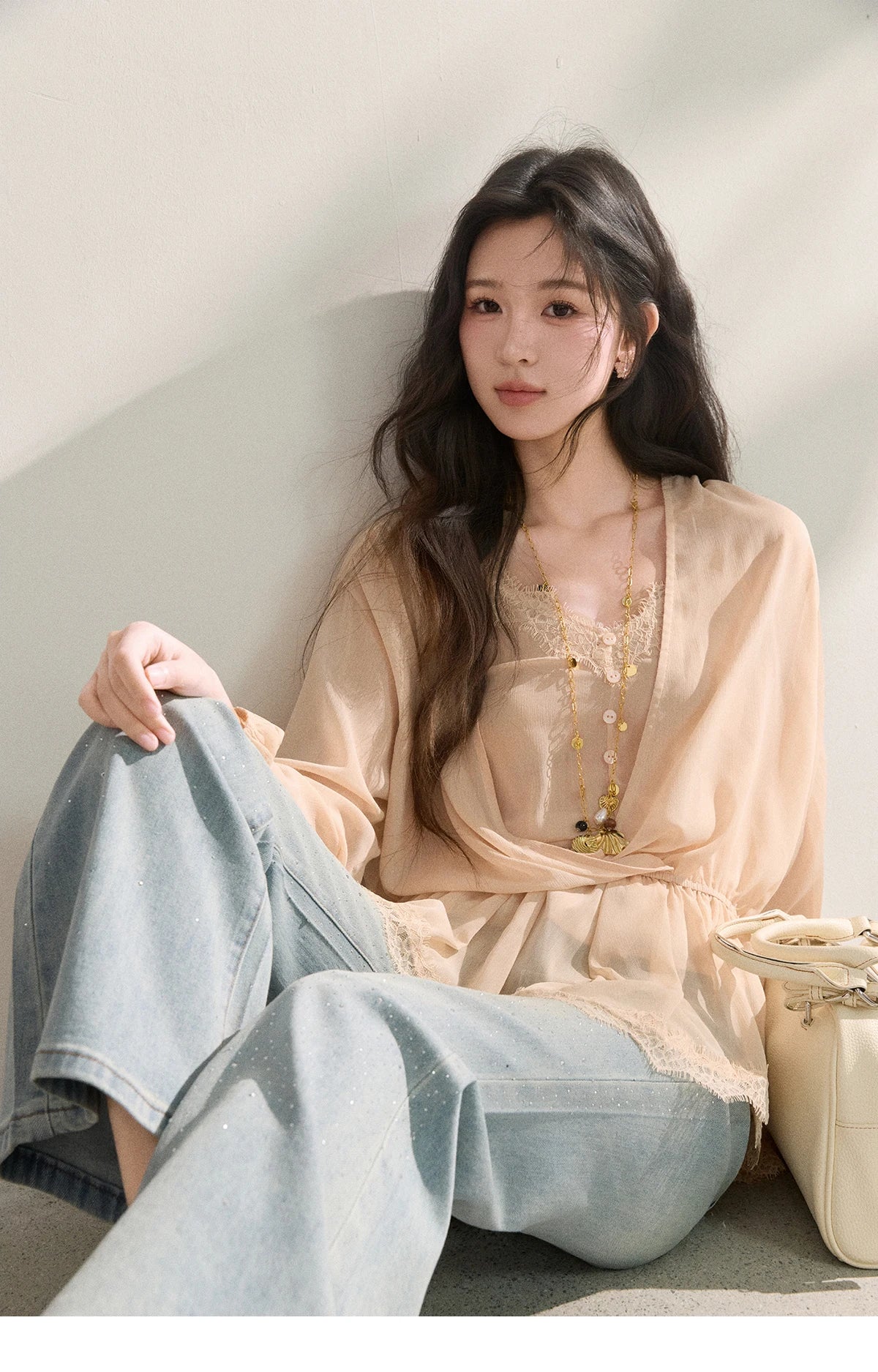 Women's French Style Beige Sheer Chiffon Blouse V Neck Lace Trim Elastic Waist Peplum Top For Spring Summer MXF16T1588