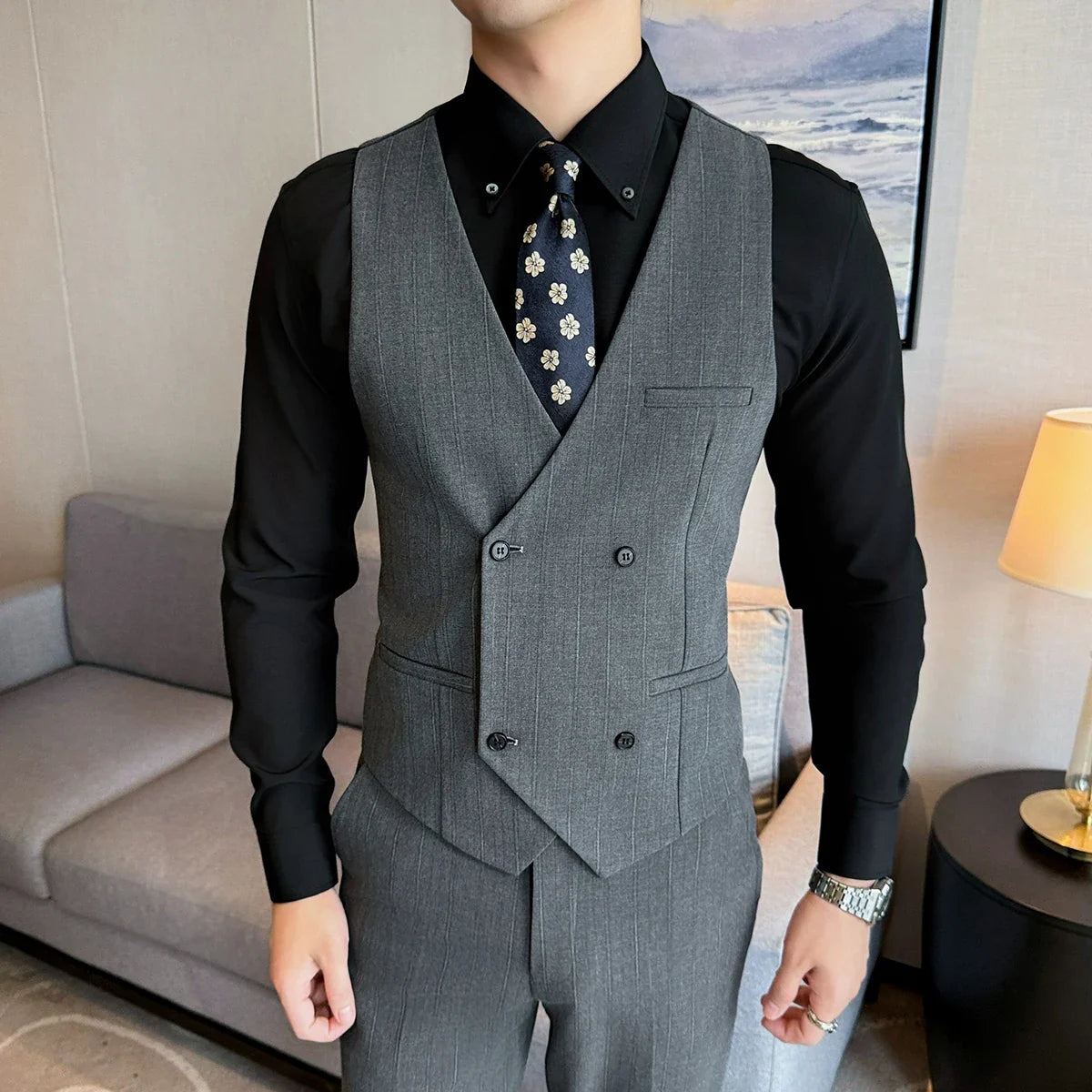 ( Vest + Pants) Men Double Breasted Striped Suit Vest 2 pieces Fashion Business Slim Fit Wedding Dress Sleeveless Vest Sets