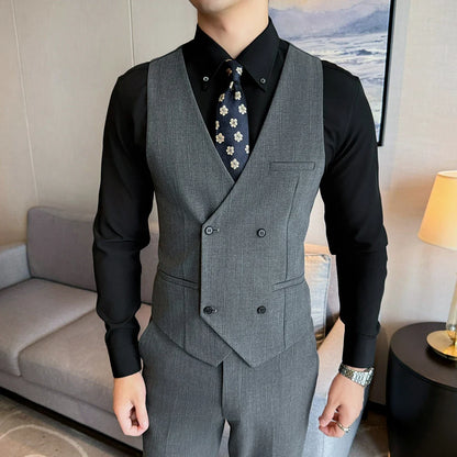 ( Vest + Pants) Men Double Breasted Striped Suit Vest 2 pieces Fashion Business Slim Fit Wedding Dress Sleeveless Vest Sets