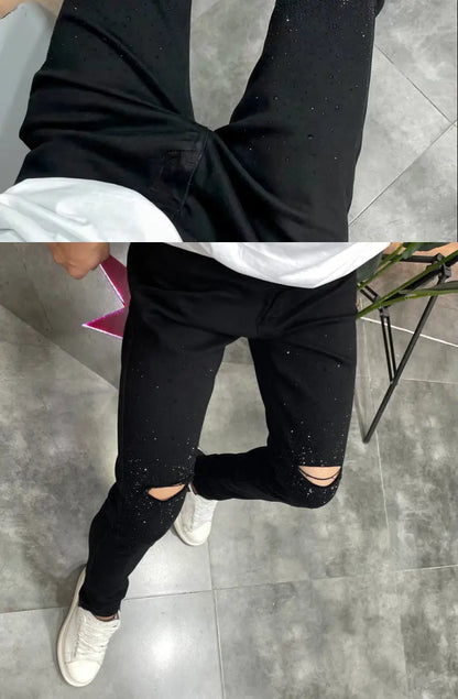 Korean Luxury Clothing Hot Diamonds Cowboy Pants Men 2025 Black Men's Slim HOLE Jeans Spring Autumn Denim Distressed Trousers