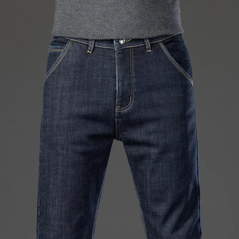 Winter Warm Fleece Jeans Men's Thick Thermal Casual Straight Denim Pants Male Business Work Stretch Trousers New Clothing