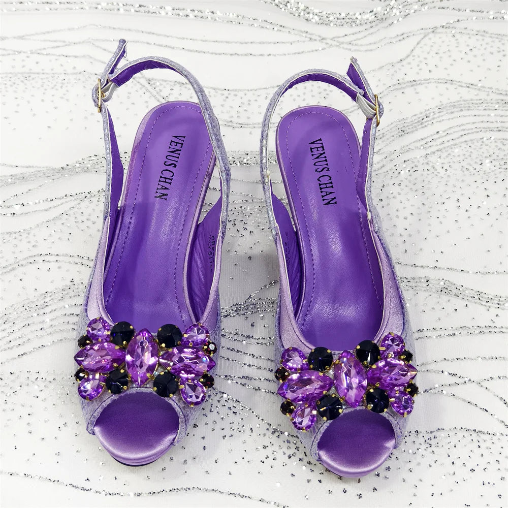 Open Toe Women Heels for 2025 Elegant Party Taro Purpler Diamond Pumps Italian Shoes and Bags Matching Set