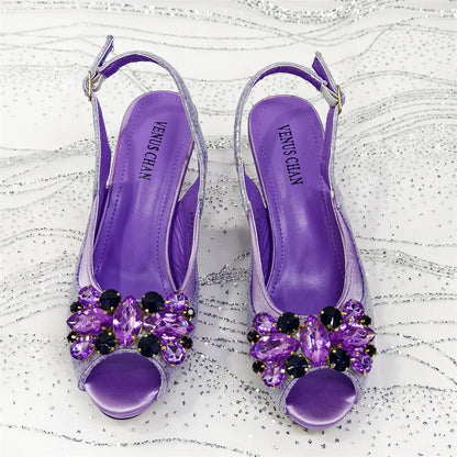 Open Toe Women Heels for 2025 Elegant Party Taro Purpler Diamond Pumps Italian Shoes and Bags Matching Set