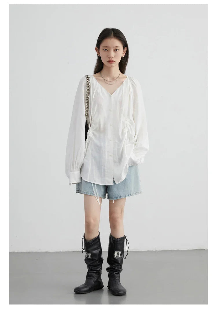 Women Loose Lace Up Shirt Solid New Korean V-neck Pleated Raglan Long Sleeved Blouses Female Tops Spring Summer 2026