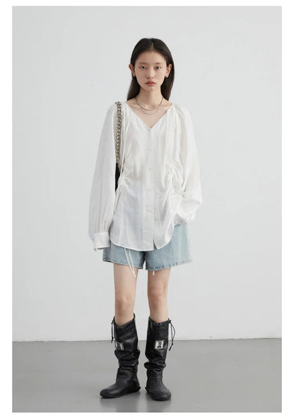 Women Loose Lace Up Shirt Solid New Korean V-neck Pleated Raglan Long Sleeved Blouses Female Tops Spring Summer 2026