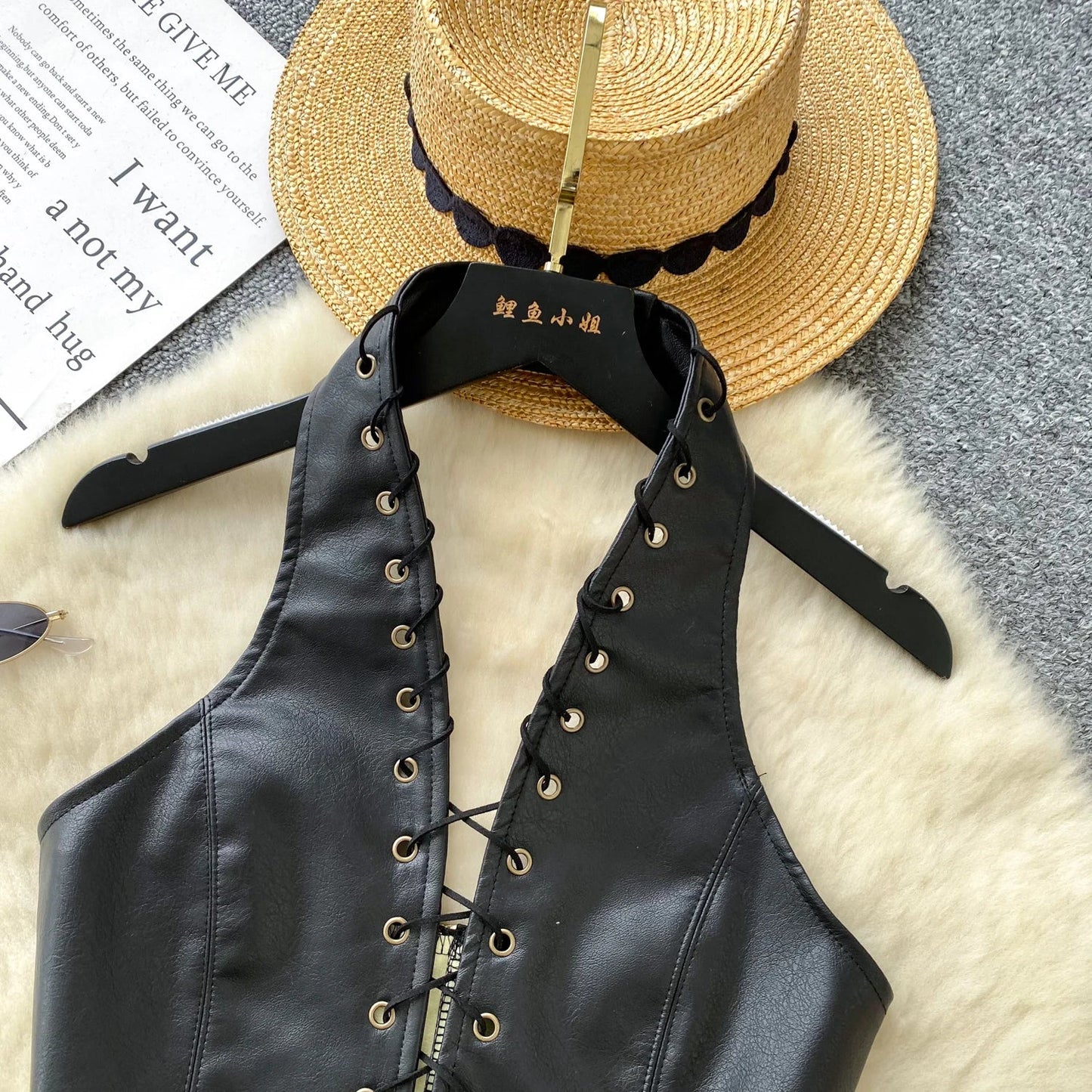 PU Leather Sexy Club Camisole Fashion Hollow Out Lace Up Slim Tank Top Sleeveless Backless Ins Spicy Girl Halter Top