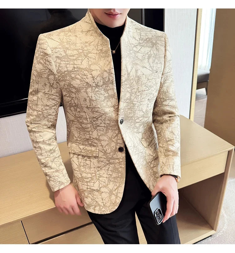 New Chinese Style Stand Up Collar Jacquard Suit Coats Men Slim Business Casual Fashion Suits Jacket Formal Social Party Tuxedos