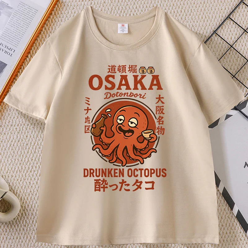 Japanese Style T-shirt drunken octopus Osaka Tshirt Seafood Men Women Graphic Tee Cotton Printed Short Sleeve T Shirt Streetwear