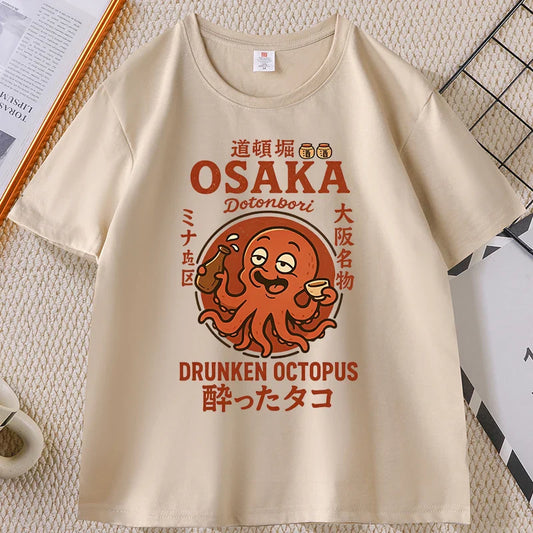 Japanese Style T-shirt drunken octopus Osaka Tshirt Seafood Men Women Graphic Tee Cotton Printed Short Sleeve T Shirt Streetwear