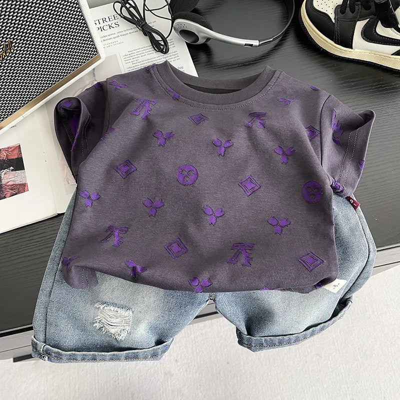 0-5Years New Baby Boys Girls Summer Clothes Multi Symbol Hot Dye T-shirt Denim Shorts 2pcs/sets Children Clothing Tracksuits Set