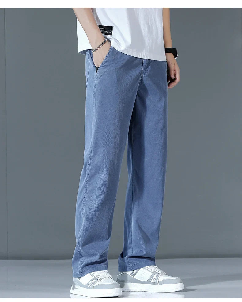 Ultra-thin Lyocell Fashion Loose Casual Pants Men Spring Summer Korean Straight Stretch Brand Trousers Male Clothing Wide Pants