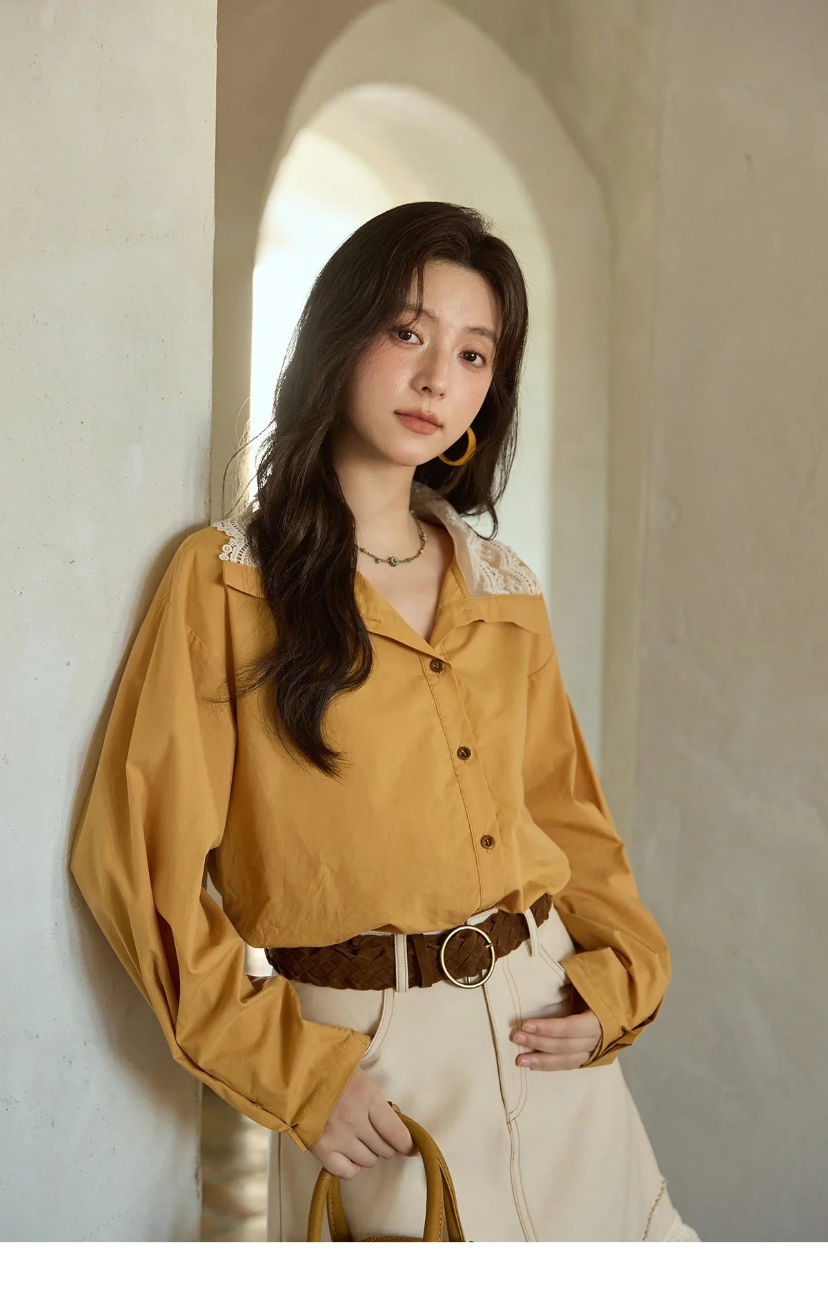 Autumn Solid Cotton Shirt Autumn V-neck Double-layer Lace Retro Design Shirts Single Breasted Tops Office Lady MXE41C2366