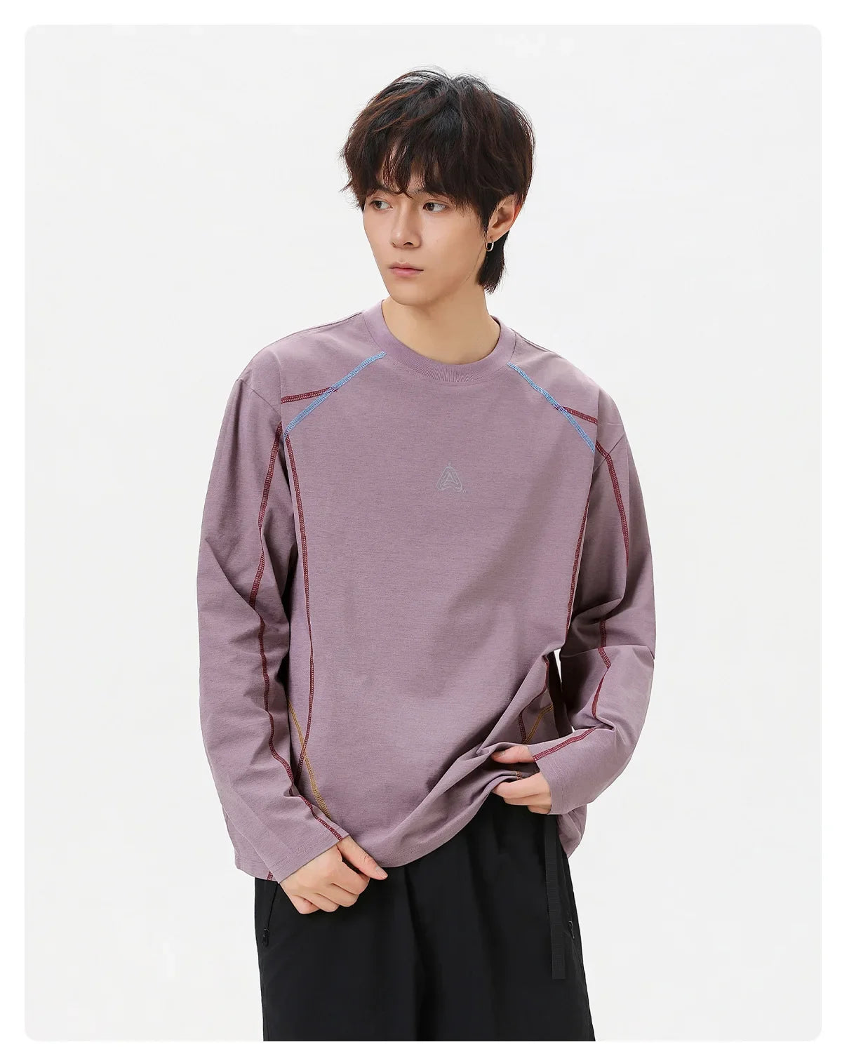 Men's Cool-Touch Contrast Stitch Long Sleeve T-Shirt – Loose Fit Moisture-Wicking Athletic Top for Autumn & Summer Sports