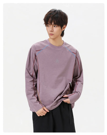 Men's Cool-Touch Contrast Stitch Long Sleeve T-Shirt – Loose Fit Moisture-Wicking Athletic Top for Autumn & Summer Sports