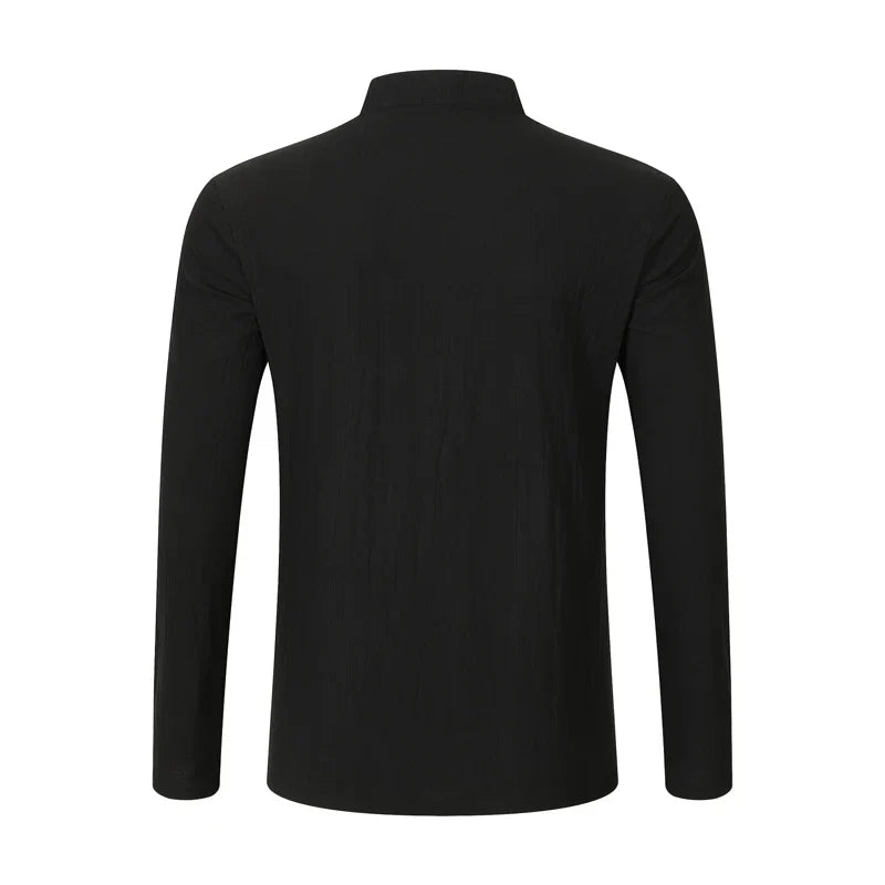 Men Mandarin Collar Long Sleeve Henley Cotton Linen Shirt Chest Pocket Breathable Beach Travel Daily Casual V Neck Top