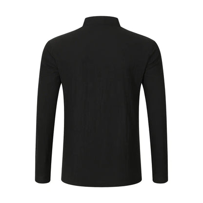 Men Mandarin Collar Long Sleeve Henley Cotton Linen Shirt Chest Pocket Breathable Beach Travel Daily Casual V Neck Top