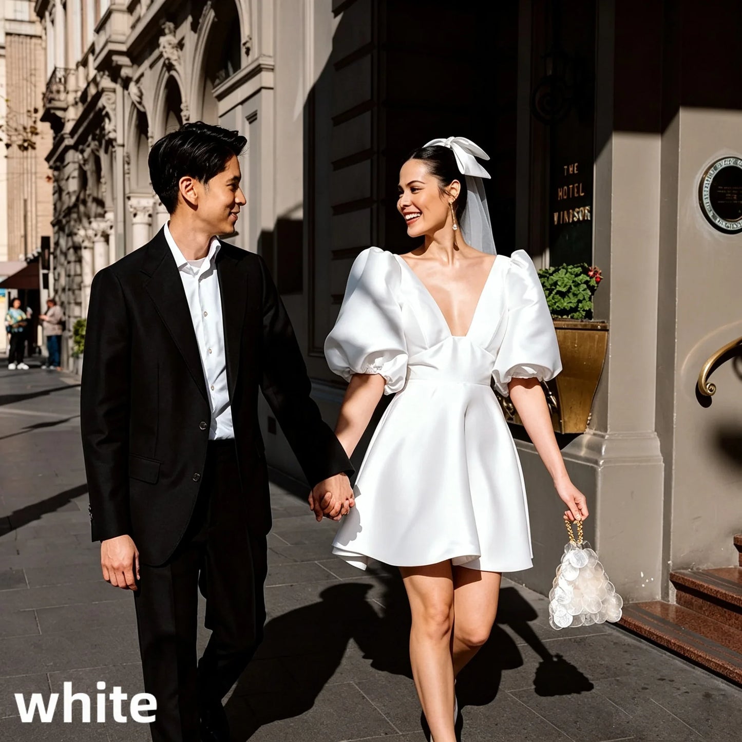 Puff Sleeve Deep V Satin Mini Wedding Dress A Line Bridal Gown Bow Veil Civil Elopement Bride Reception Custom Fit Ceremony Wear