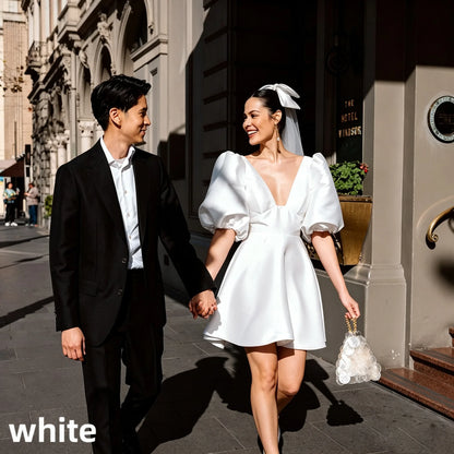 Puff Sleeve Deep V Satin Mini Wedding Dress A Line Bridal Gown Bow Veil Civil Elopement Bride Reception Custom Fit Ceremony Wear