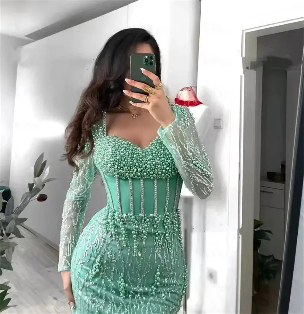 Contessa Custom Luxury Mint Green Mermaid Evening Gown Long Sleeve Corset Heavy Beaded Pearls Dubai Prom Dress Formal Party