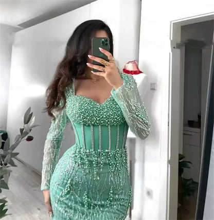 Contessa Custom Luxury Mint Green Mermaid Evening Gown Long Sleeve Corset Heavy Beaded Pearls Dubai Prom Dress Formal Party
