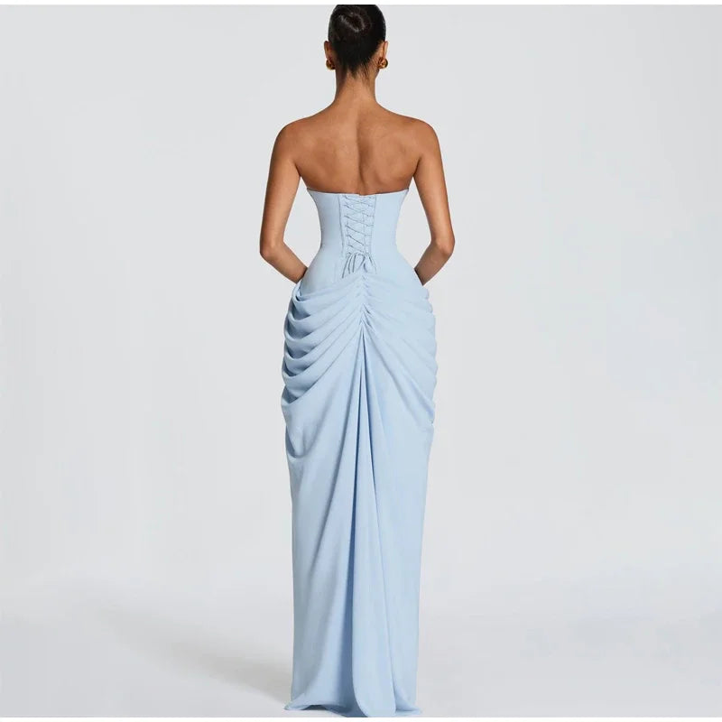 Women Strapless Pleated Long Dress Elegant Solid Split Sleeveless Backless High Waist Slim Fit Maxi Dresses 2026 Lady Party Robe
