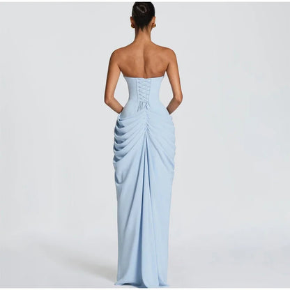 Women Strapless Pleated Long Dress Elegant Solid Split Sleeveless Backless High Waist Slim Fit Maxi Dresses 2026 Lady Party Robe