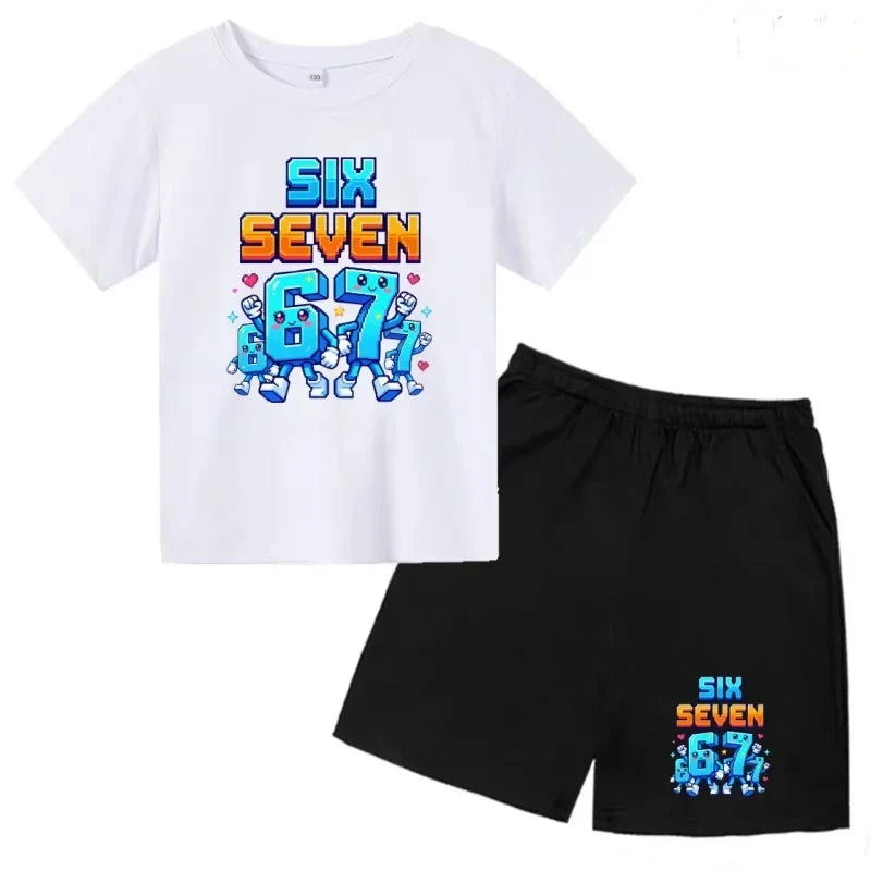 Boys Girls 3-12Y Summer Fashion Outfit 67 Number Cartoon Print T-shirt and Shorts Casual Two-Piece Clothing Set