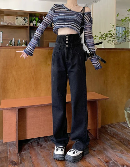 Hight Waist Denim Pant Women Jeans Vintage Straight Trousers Jeans Autumn Spring Fashion Female Black Casual Wide Leg Pants