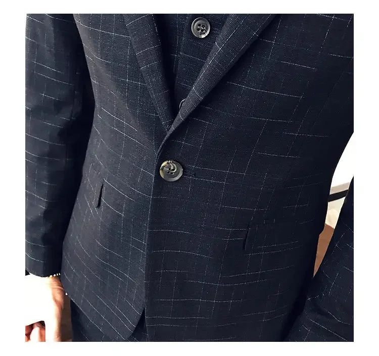Blue Men Classic Striped/Checked Suits, Asian Size Slim Fit Business Office 3-Piece Sets, Black/Gray and Red Available.