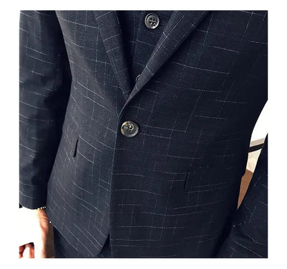Blue Men Classic Striped/Checked Suits, Asian Size Slim Fit Business Office 3-Piece Sets, Black/Gray and Red Available.