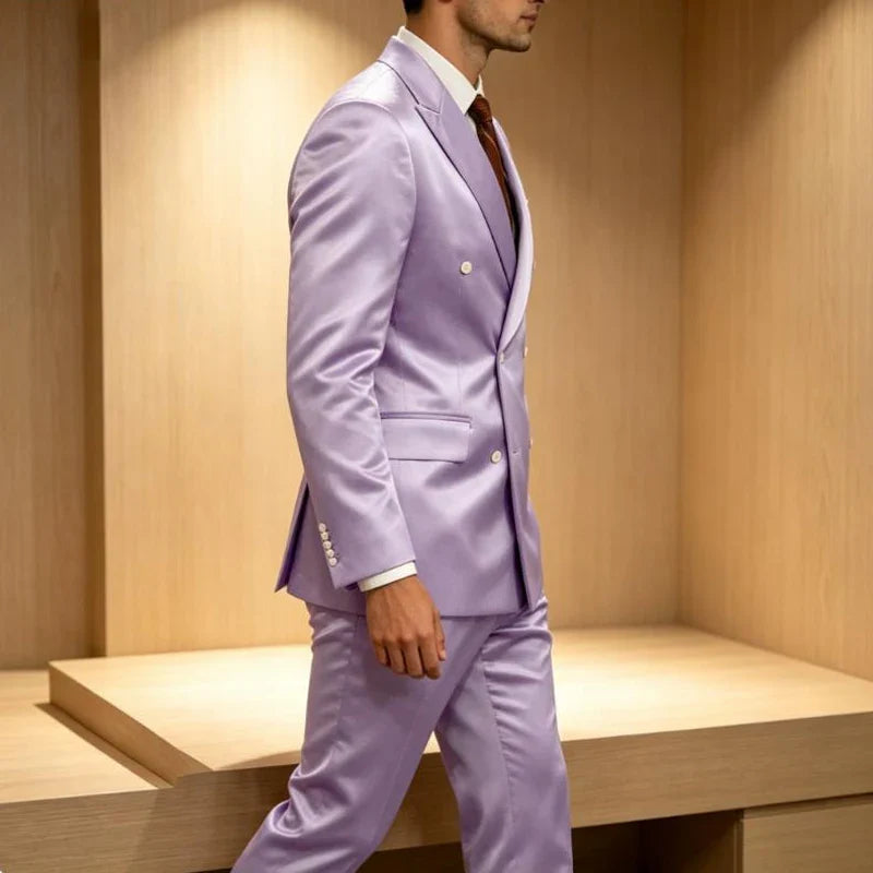 Luxury Men's Shiny Satin 2 Piece Suit Peak Lapel Double Breasted Jacket Pants Elegant Slim Fit Formal Tuxedo for Wedding Party