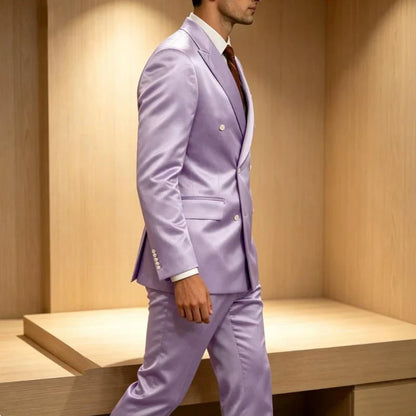 Luxury Men's Shiny Satin 2 Piece Suit Peak Lapel Double Breasted Jacket Pants Elegant Slim Fit Formal Tuxedo for Wedding Party